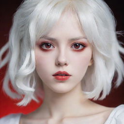 An anime styled young woman with striking white hair and red eyes. Her face is youthful, as if she is around 20 years old, and her skin is porcelain white.