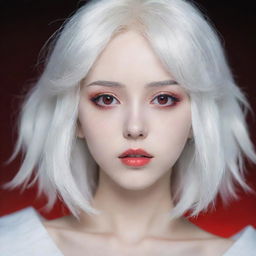 An anime styled young woman with striking white hair and red eyes. Her face is youthful, as if she is around 20 years old, and her skin is porcelain white.