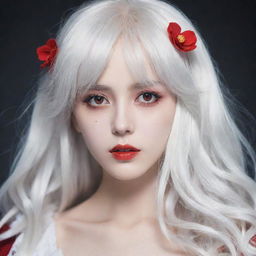 An anime styled young woman with striking white hair and red eyes. Her face is youthful, as if she is around 20 years old, and her skin is porcelain white.