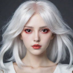 An anime styled young woman with striking white hair and red eyes. Her face is youthful, as if she is around 20 years old, and her skin is porcelain white.