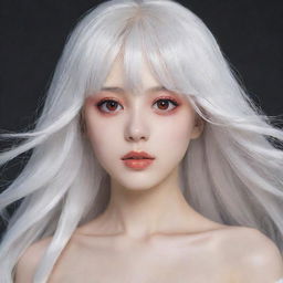 Amplify the anime characteristics of a young woman with white hair and red eyes. Her face is exceptionally youthful, typically seen in anime characters around 20 years old, and her skin is porcelain white.