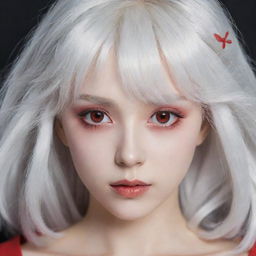 Amplify the anime characteristics of a young woman with white hair and red eyes. Her face is exceptionally youthful, typically seen in anime characters around 20 years old, and her skin is porcelain white.