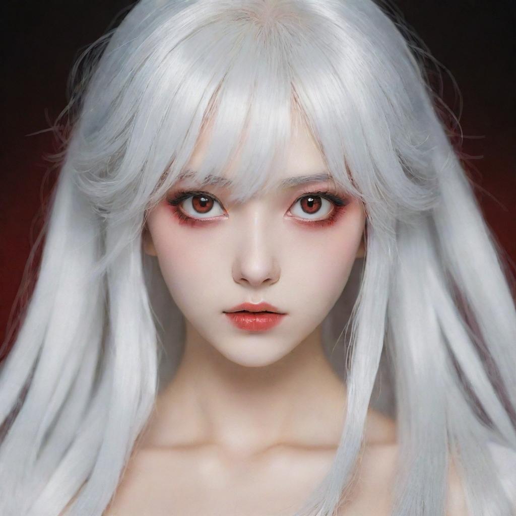 Amplify the anime characteristics of a young woman with white hair and red eyes. Her face is exceptionally youthful, typically seen in anime characters around 20 years old, and her skin is porcelain white.