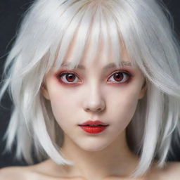 Amplify the anime characteristics of a young woman with white hair and red eyes. Her face is exceptionally youthful, typically seen in anime characters around 20 years old, and her skin is porcelain white.