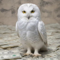 A majestic white owl standing on a pile of American dollar bills