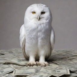 A majestic white owl standing on a pile of American dollar bills