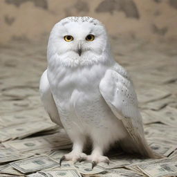 A majestic white owl standing on a pile of American dollar bills