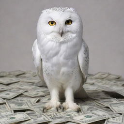 A majestic white owl standing on a pile of American dollar bills