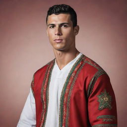 A photorealistic image of soccer player Cristiano Ronaldo wearing a traditional Moroccan djellaba.