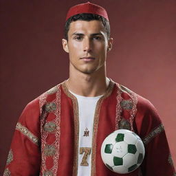 A photorealistic image of soccer player Cristiano Ronaldo wearing a traditional Moroccan djellaba.