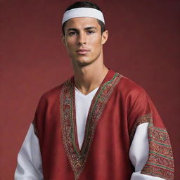 A photorealistic image of soccer player Cristiano Ronaldo wearing a traditional Moroccan djellaba.