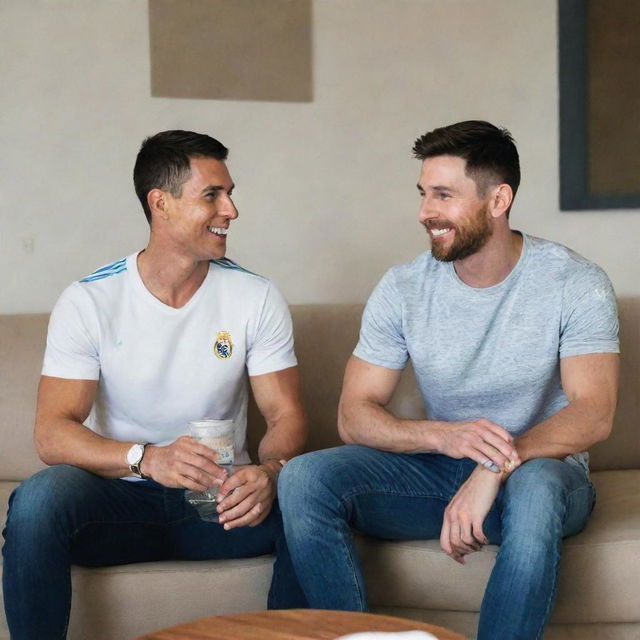 Cristiano Ronaldo (CR7) and Lionel Messi happily sitting together, engaging in casual conversation, while enjoying a refreshing, non-alcoholic drink.