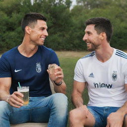 Cristiano Ronaldo (CR7) and Lionel Messi happily sitting together, engaging in casual conversation, while enjoying a refreshing, non-alcoholic drink.