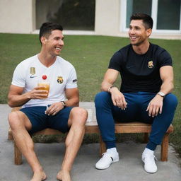 Cristiano Ronaldo (CR7) and Lionel Messi happily sitting together, engaging in casual conversation, while enjoying a refreshing, non-alcoholic drink.