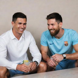 Cristiano Ronaldo (CR7) and Lionel Messi happily sitting together, engaging in casual conversation, while enjoying a refreshing, non-alcoholic drink.