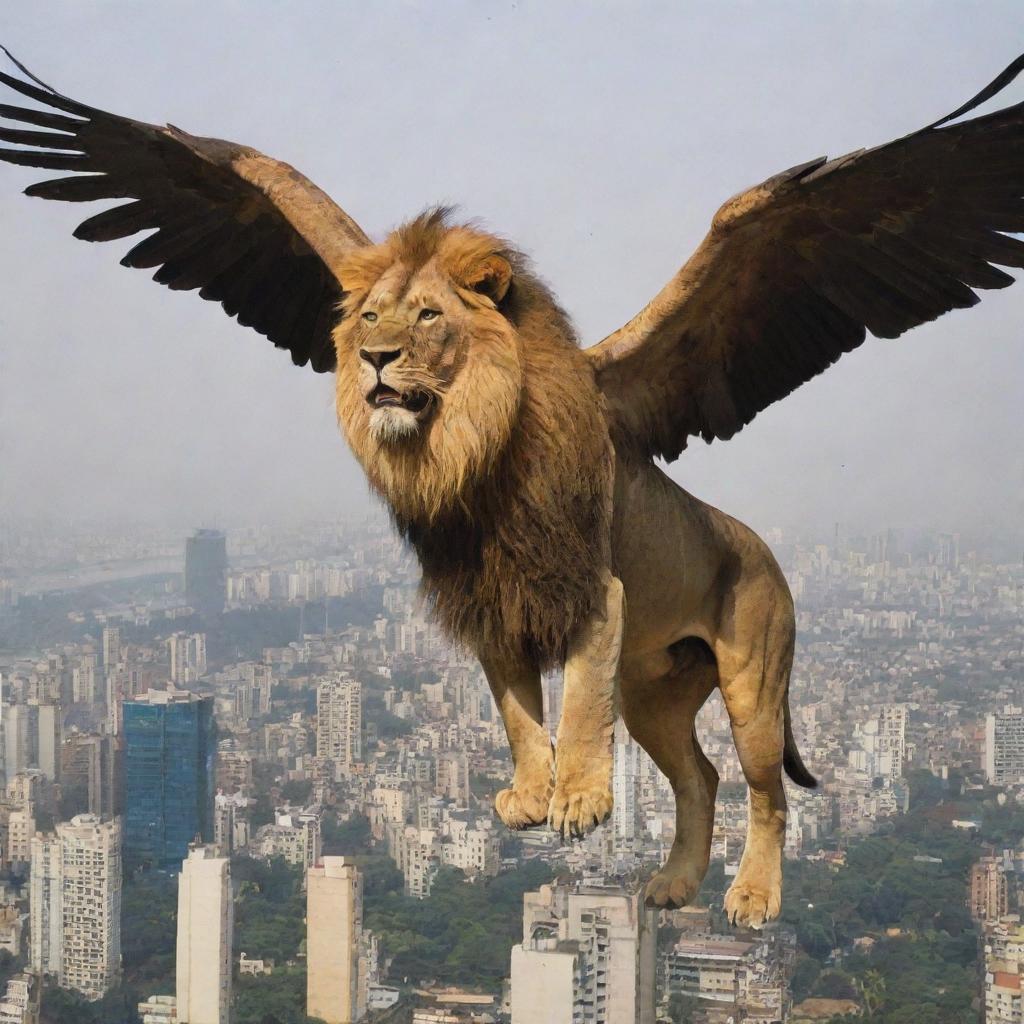 A majestic, giant lion with wide, powerful wings soaring above the bustling cityscape of Mumbai.