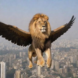 A majestic, giant lion with wide, powerful wings soaring above the bustling cityscape of Mumbai.