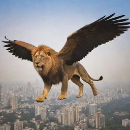 A majestic, giant lion with wide, powerful wings soaring above the bustling cityscape of Mumbai.