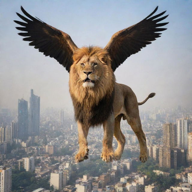 A majestic, giant lion with wide, powerful wings soaring above the bustling cityscape of Mumbai.