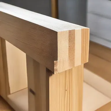 The tenon on the edge of the wooden beam perfectly fits into the mortise, creating a strong and stable connection.