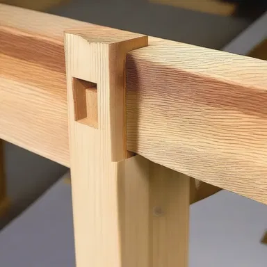 The tenon on the edge of the wooden beam perfectly fits into the mortise, creating a strong and stable connection.