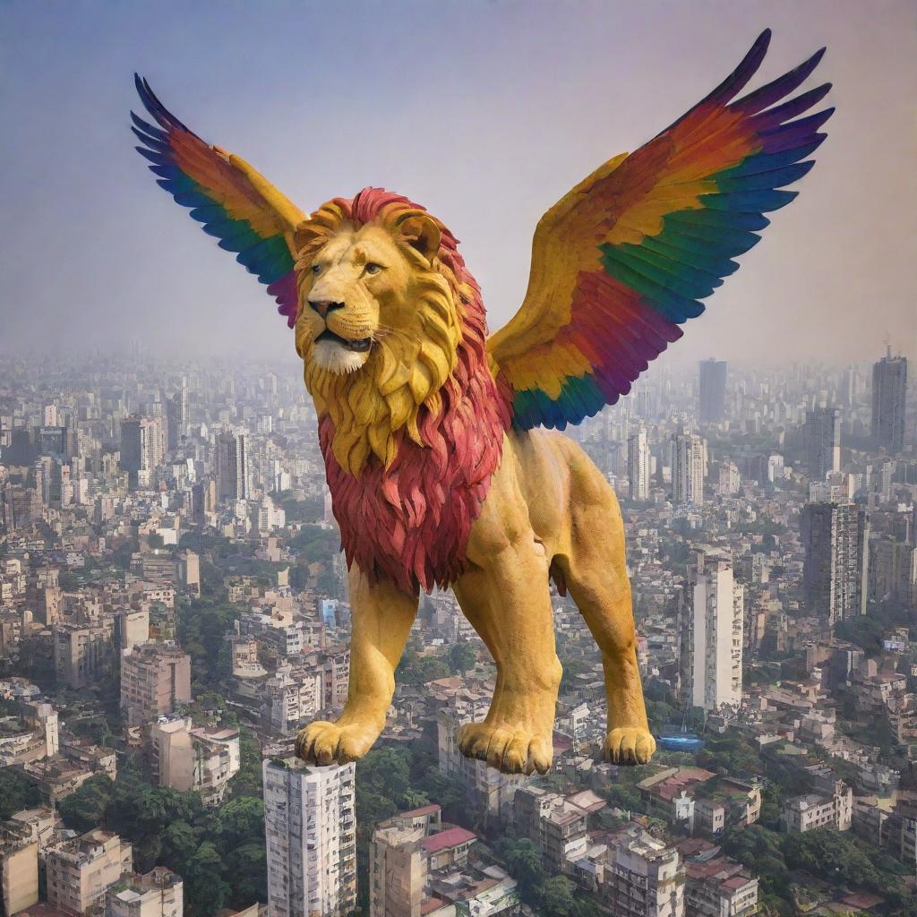 A majestically vibrant, giant lion with brightly colored, wide, powerful wings soaring above the brightly lit, bustling cityscape of Mumbai.