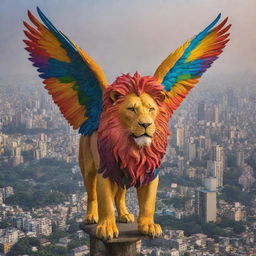 A majestically vibrant, giant lion with brightly colored, wide, powerful wings soaring above the brightly lit, bustling cityscape of Mumbai.