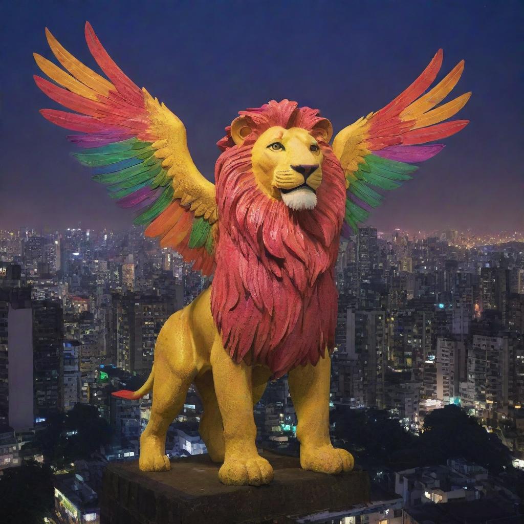 A majestically vibrant, giant lion with brightly colored, wide, powerful wings soaring above the brightly lit, bustling cityscape of Mumbai.