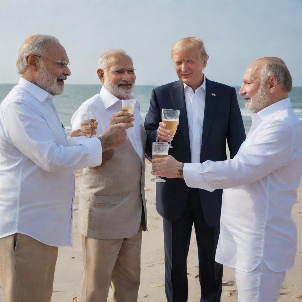 Narendra Modi, Vladimir Putin, and Donald Trump, dressed in casual clothes, enjoying a friendly toast with drinks in their hands, on a sunlit beach.