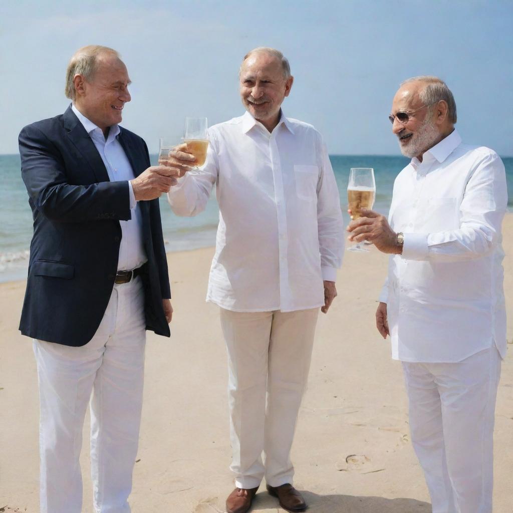 Narendra Modi, Vladimir Putin, and Donald Trump, dressed in casual clothes, enjoying a friendly toast with drinks in their hands, on a sunlit beach.