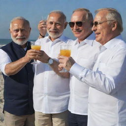 Narendra Modi, Vladimir Putin, and Donald Trump, dressed in casual clothes, enjoying a friendly toast with drinks in their hands, on a sunlit beach.