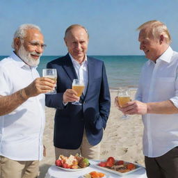 Narendra Modi, Vladimir Putin, and Donald Trump, dressed in casual clothes, enjoying a friendly toast with drinks in their hands, on a sunlit beach.