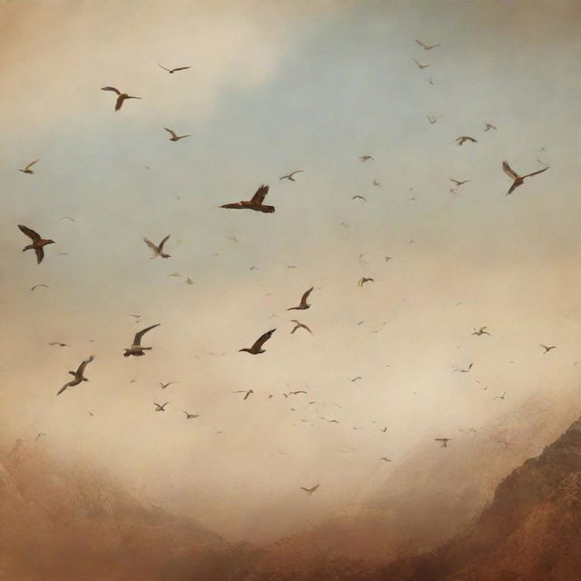 Panoramic view of various beautiful birds flying across a sky that transitions from prehistoric cave painting style on one end to a contemporary digital art style on the other, symbolizing the progression of human history.