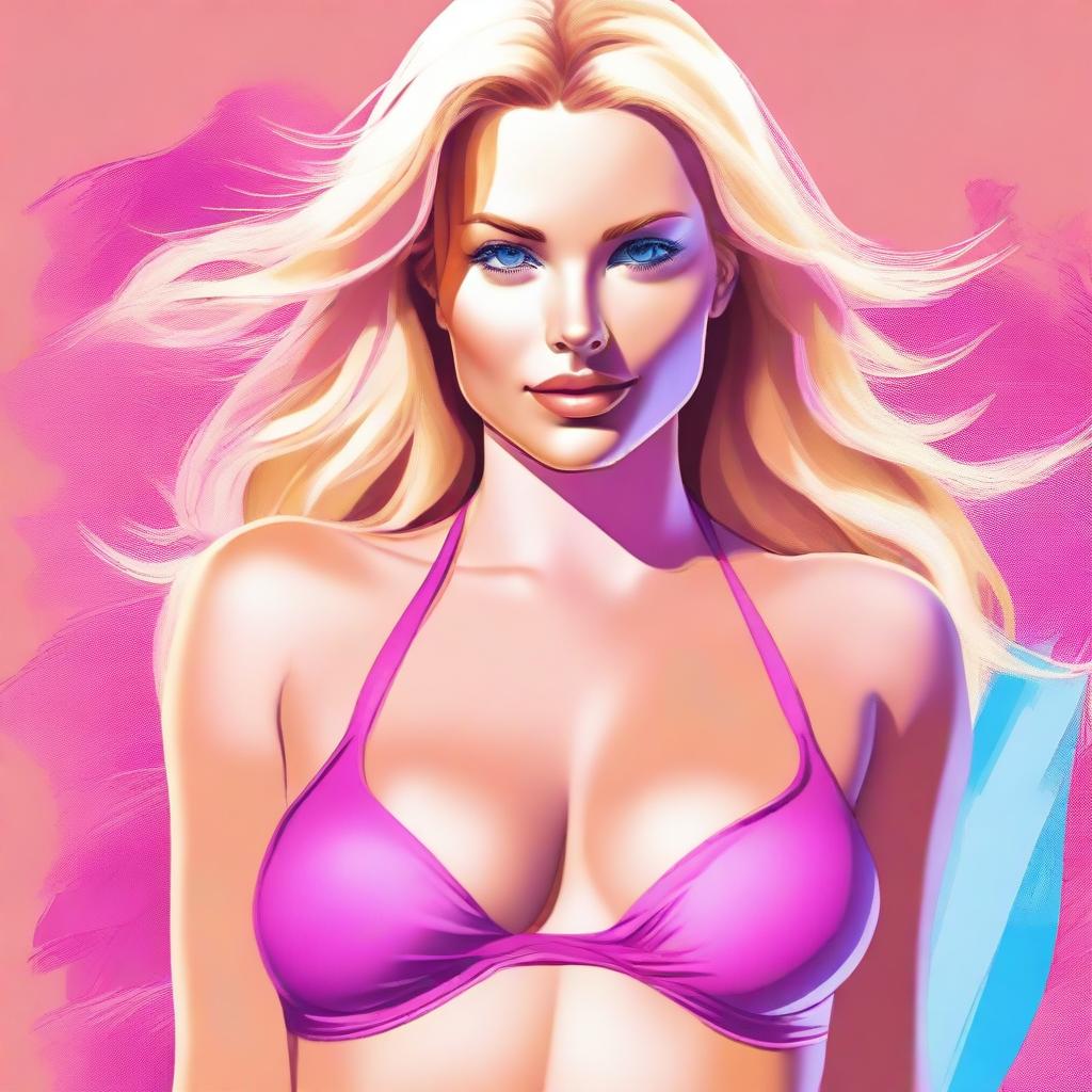 A high-quality digital art piece features a blonde woman with a voluptuous figure, dressed in a vibrant pink bikini