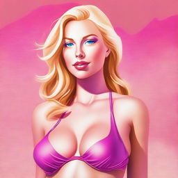 A high-quality digital art piece features a blonde woman with a voluptuous figure, dressed in a vibrant pink bikini