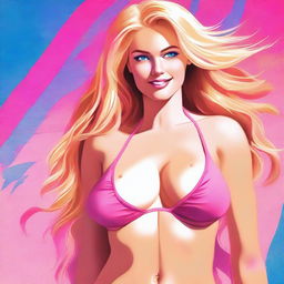 A high-quality digital art piece features a blonde woman with a voluptuous figure, dressed in a vibrant pink bikini