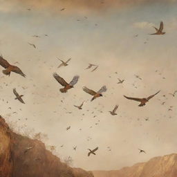 Panoramic view of various beautiful birds flying across a sky that transitions from prehistoric cave painting style on one end to a contemporary digital art style on the other, symbolizing the progression of human history.