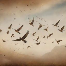 Panoramic view of various beautiful birds flying across a sky that transitions from prehistoric cave painting style on one end to a contemporary digital art style on the other, symbolizing the progression of human history.