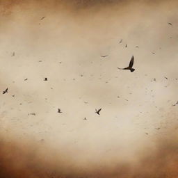 Panoramic view of various beautiful birds flying across a sky that transitions from prehistoric cave painting style on one end to a contemporary digital art style on the other, symbolizing the progression of human history.