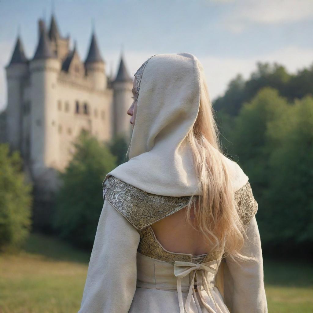 medieval hooded beatifull, bigb boobs, blonde elf girl, 23 years old, bow her back, in front with castle and forest background charmOfTheRealm, realistic hd, high detailed,