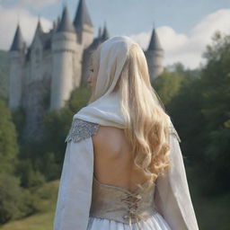 medieval hooded beatifull, bigb boobs, blonde elf girl, 23 years old, bow her back, in front with castle and forest background charmOfTheRealm, realistic hd, high detailed,