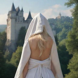 medieval hooded beatifull, bigb boobs, blonde elf girl, 23 years old, bow her back, in front with castle and forest background charmOfTheRealm, realistic hd, high detailed,