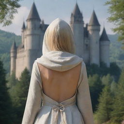 medieval hooded beatifull, bigb boobs, blonde elf girl, 23 years old, bow her back, in front with castle and forest background charmOfTheRealm, realistic hd, high detailed,