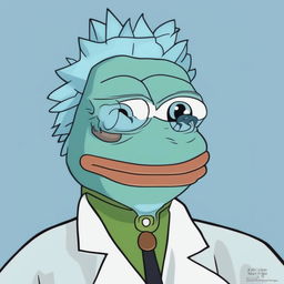 This digital art piece features Pepe the Frog transformed to resemble Rick Sanchez from Rick and Morty