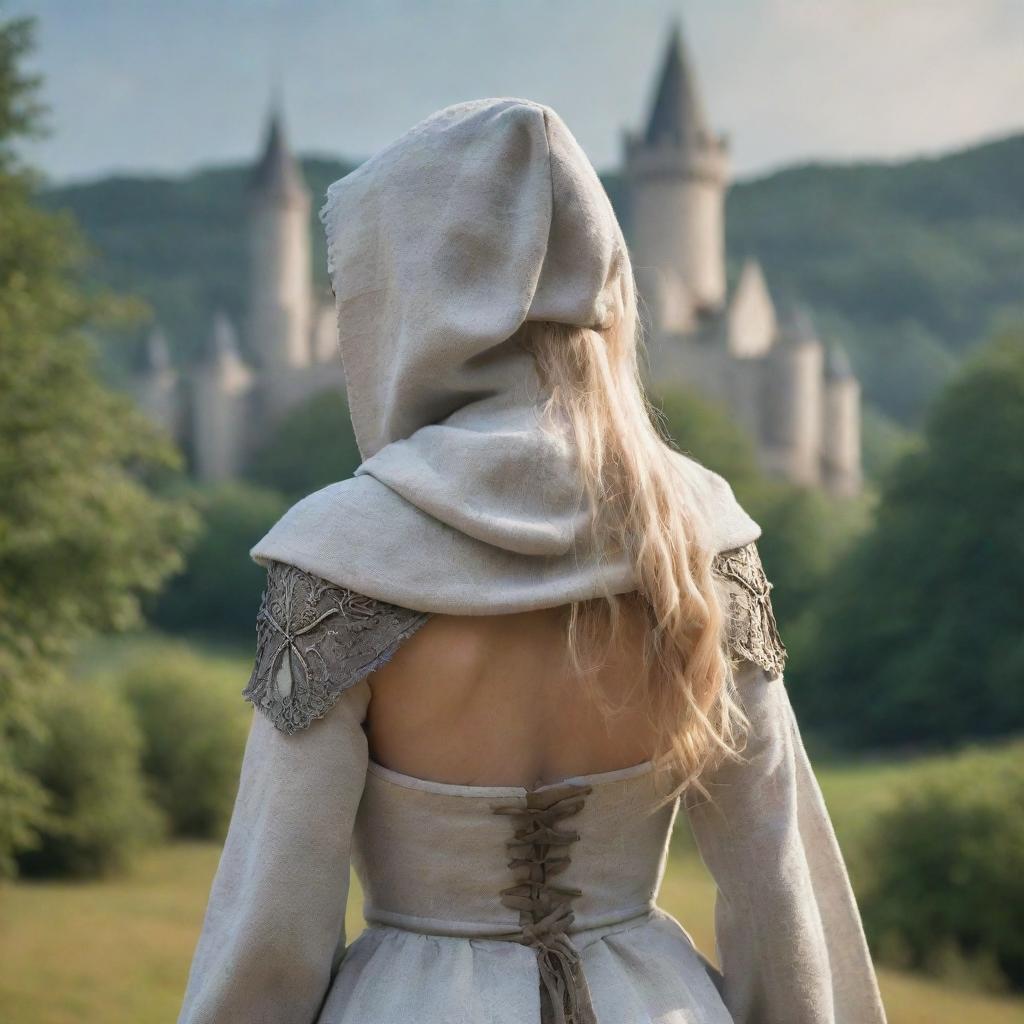 medieval hooded beatifull, bigb boobs, blonde elf girl, 23 years old, bow on his back, in front with castle and forest background charmOfTheRealm, realistic hd, high detailed,