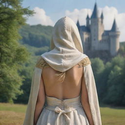 medieval hooded beatifull, bigb boobs, blonde elf girl, 23 years old, bow on his back, in front with castle and forest background charmOfTheRealm, realistic hd, high detailed,