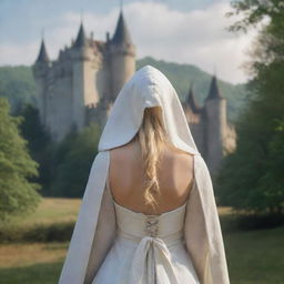 medieval hooded beatifull, bigb boobs, blonde elf girl, 23 years old, bow on his back, in front with castle and forest background charmOfTheRealm, realistic hd, high detailed,