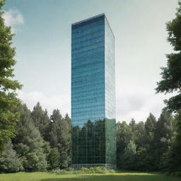 A realistic glass and aluminium skyscraper building standing tall against a lush green forest background.