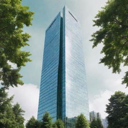 A realistic glass and aluminium skyscraper building standing tall against a lush green forest background.