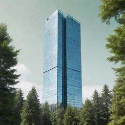 A realistic glass and aluminium skyscraper building standing tall against a lush green forest background.